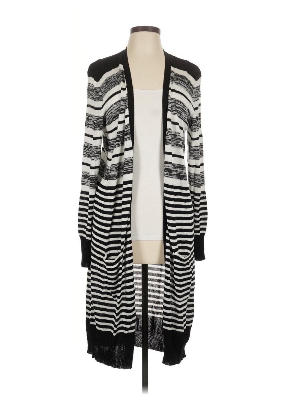 Joseph A Soft Knit Duster Cardigan Pockets Size L Sweater Black White Stripe